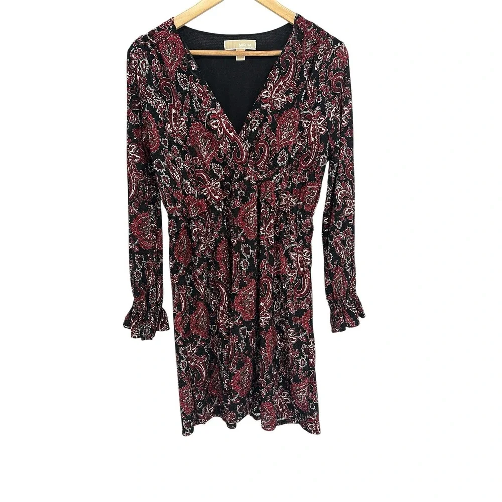Michael Michael Kors Red Black Paisley V-Neck Long‎ Sleeve Mini Dress Size M
